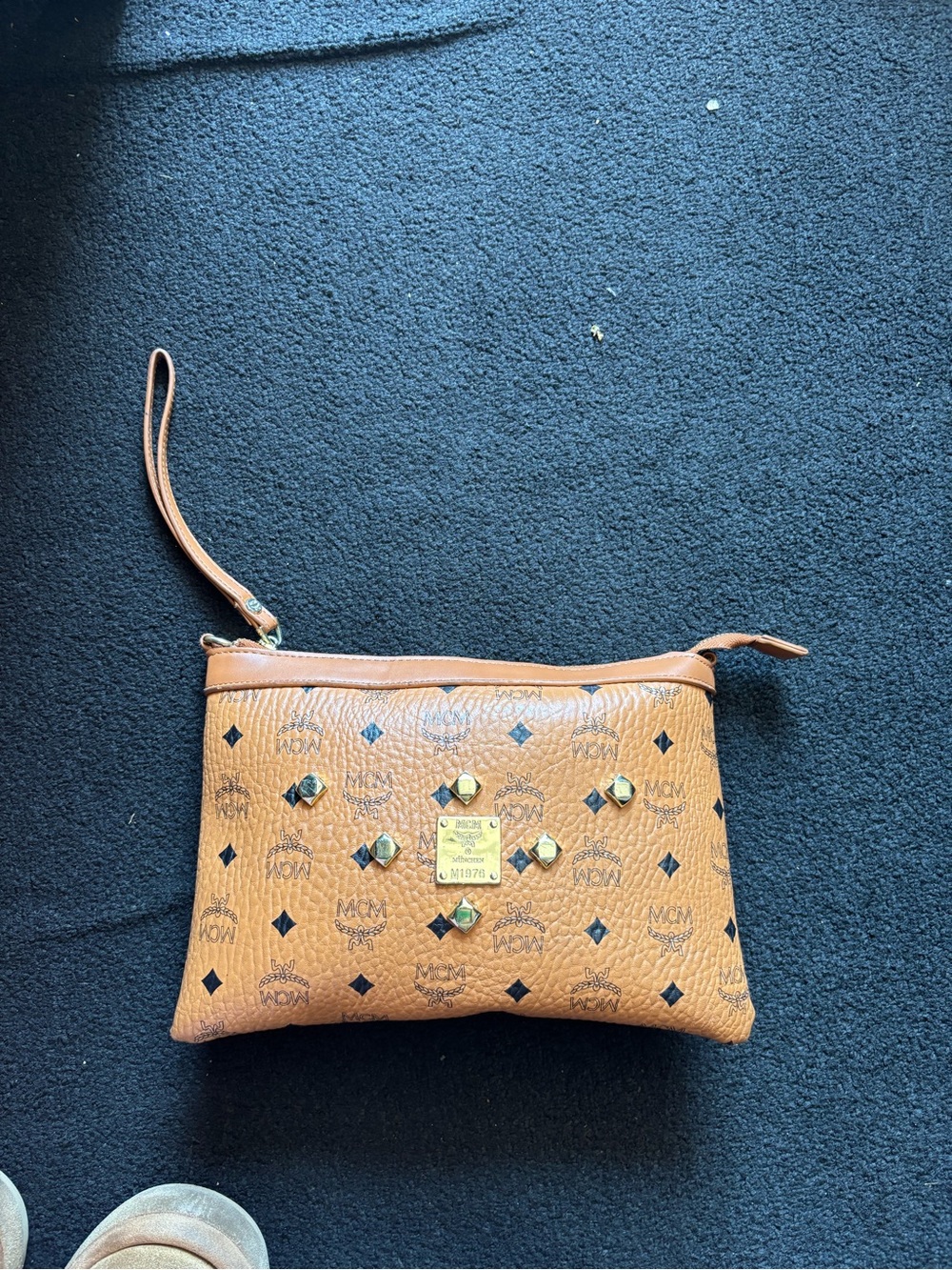 MCM Cognac Logo Studded Wristlet Clutch